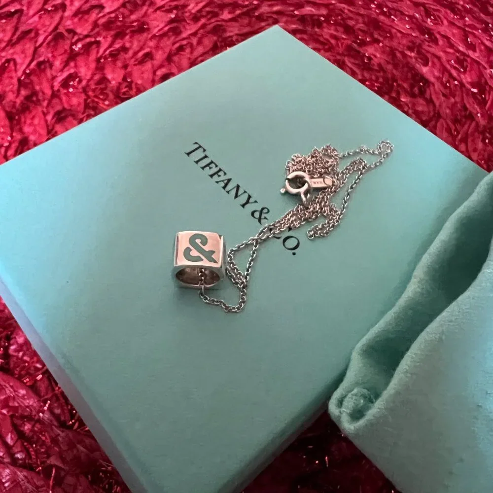 Tiffany & Co. Silver Blue Enamel T&Co Logo Cube Square Charm Pendant Necklace - Picture 2 of 3